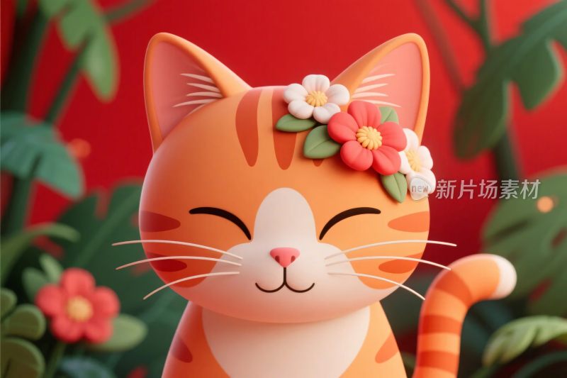卡通橘猫花朵装饰插画