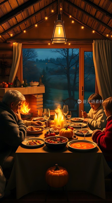 温馨家庭晚餐南瓜灯与壁炉营造温暖氛围