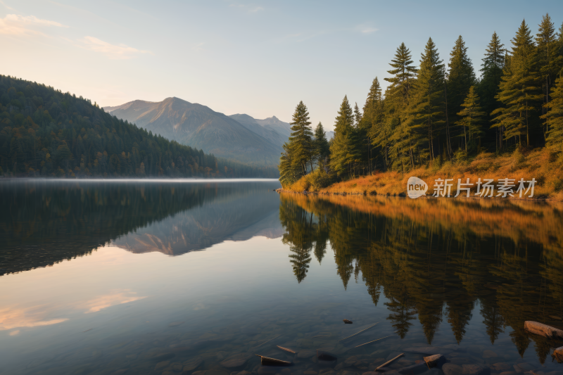 树木倒映在湖水中山脉高清风景图片