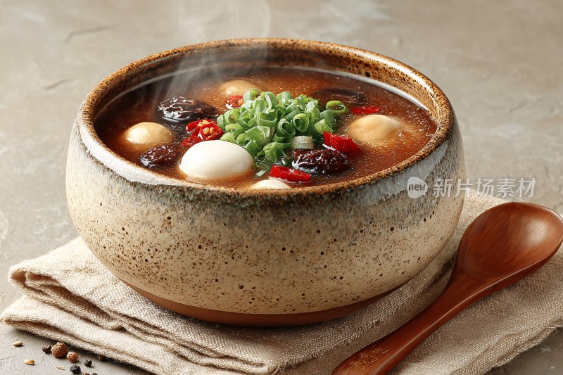 热气腾腾的陶瓷碗装美味汤品