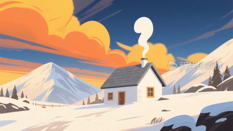 冬日雪景小屋插画