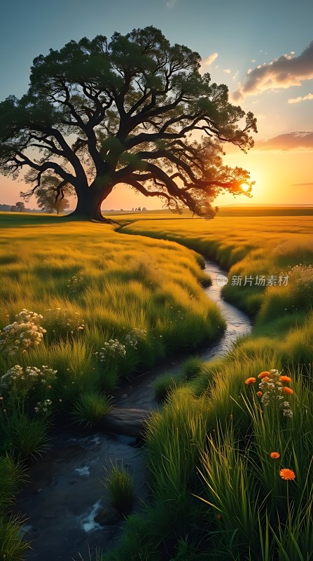 夕阳下的宁静草地