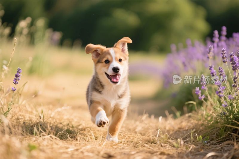 奔跑在花田中的可爱柯基