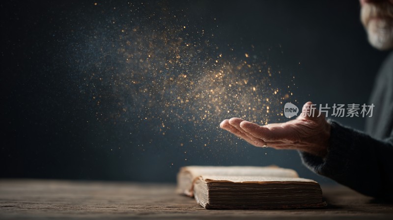 魔法书籍与掌心闪耀粒子画面