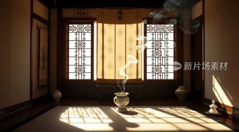 阳光下的古风室内香炉静置