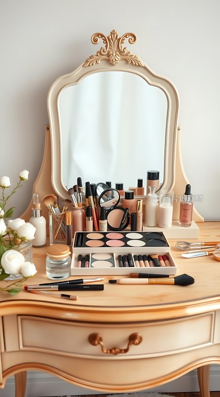 复古梳妆台上的精致化妆品