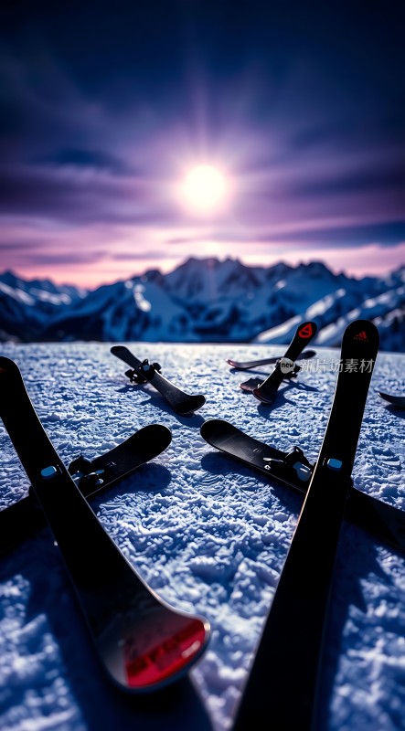 雪地上的滑雪板与日出