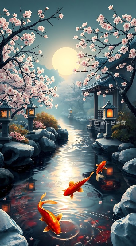 春夜月下金鱼戏水