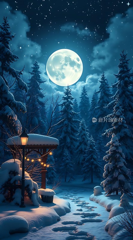 雪夜月下小径漫步