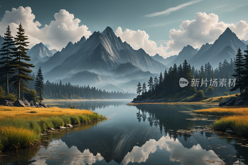 一个有几棵树和草山湖高清风景插画图片