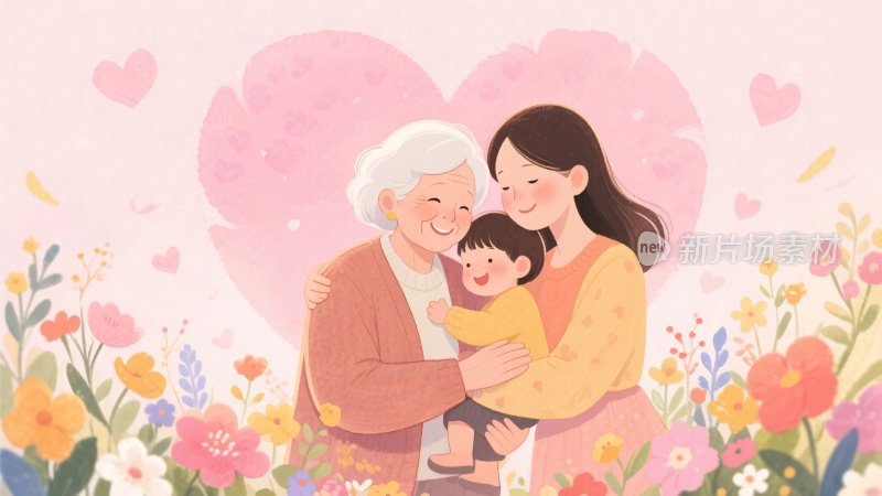 祖孙三代温馨相拥画面