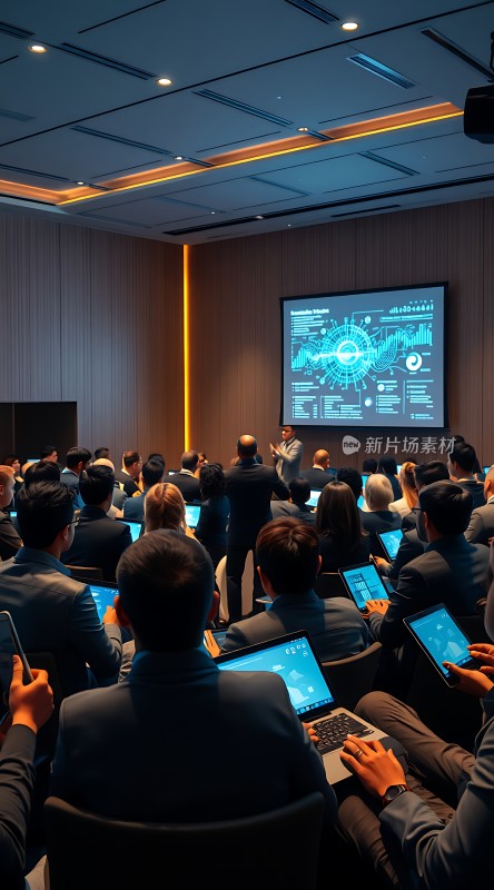 商务会议现场观众专注聆听演讲屏幕展示数据图表