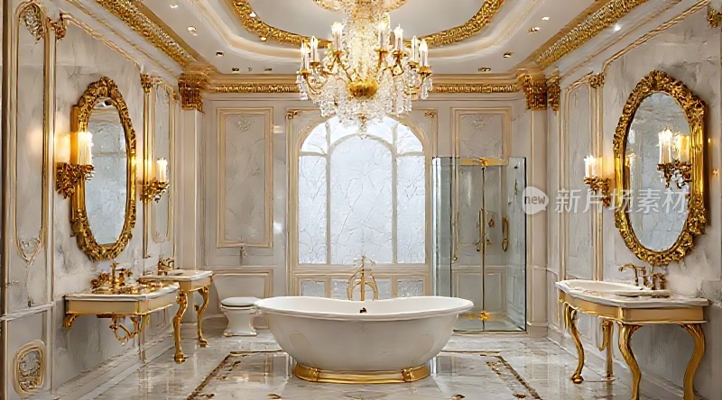 金色奢华浴室大理石墙面与地面水晶吊灯双洗手台独立浴缸和淋浴房