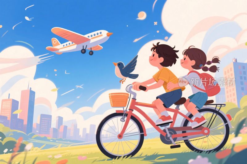 孩童骑行风景插画
