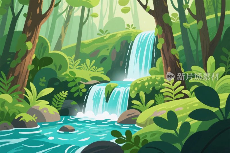森林瀑布风景插画
