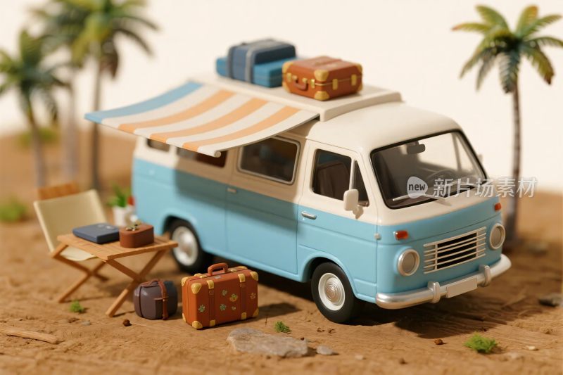 蓝白露营车与周边旅行元素