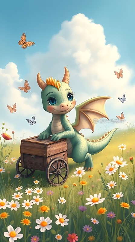 龙宝宝推车花丛中