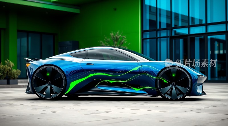 未来科技感跑车蓝色车身配绿色线条
