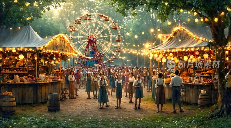 夜晚集市摩天轮灯光闪烁