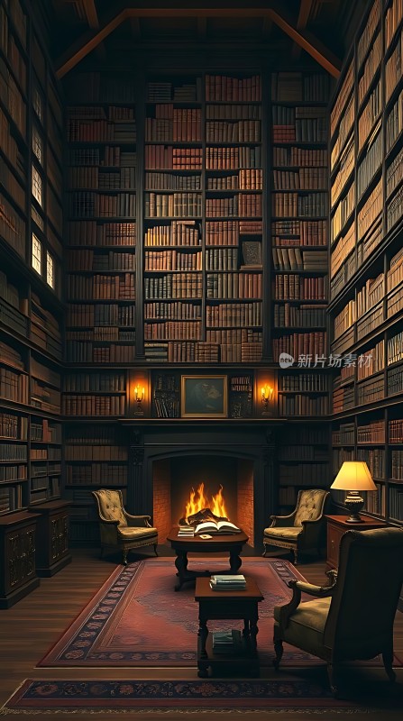 古色古香书房壁炉旁的书架和椅子