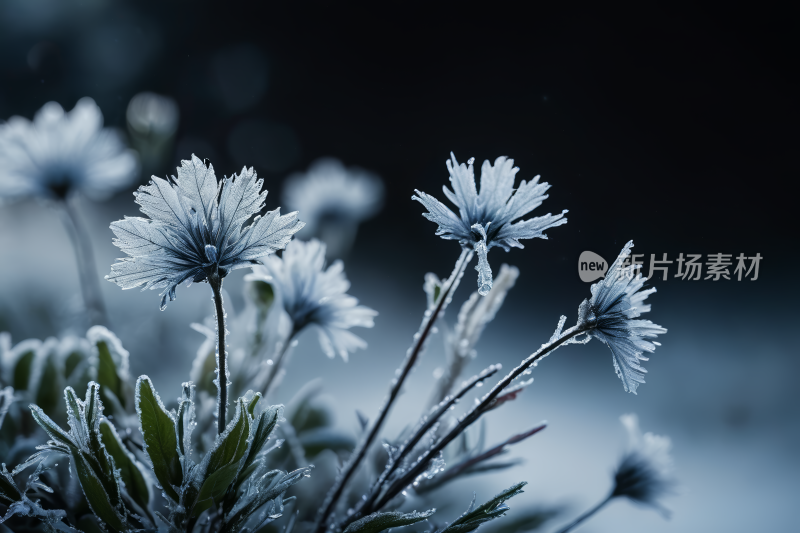 雪地里生长着一些结霜的花朵高清图片