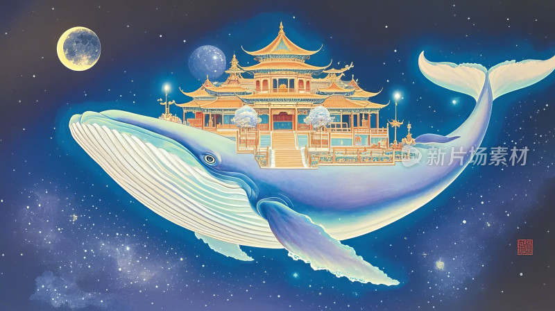 中国风鲸鱼宫殿夜景梦幻插画设计图