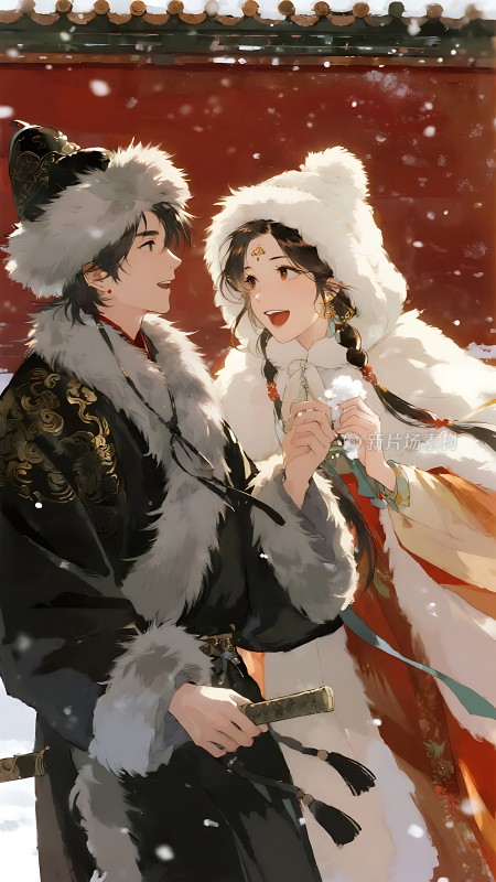 雪中佳人共赏美景