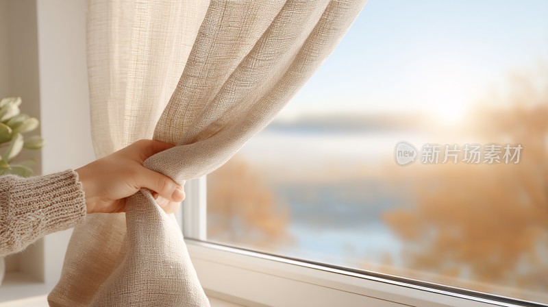 手拉开窗帘展现窗外景色