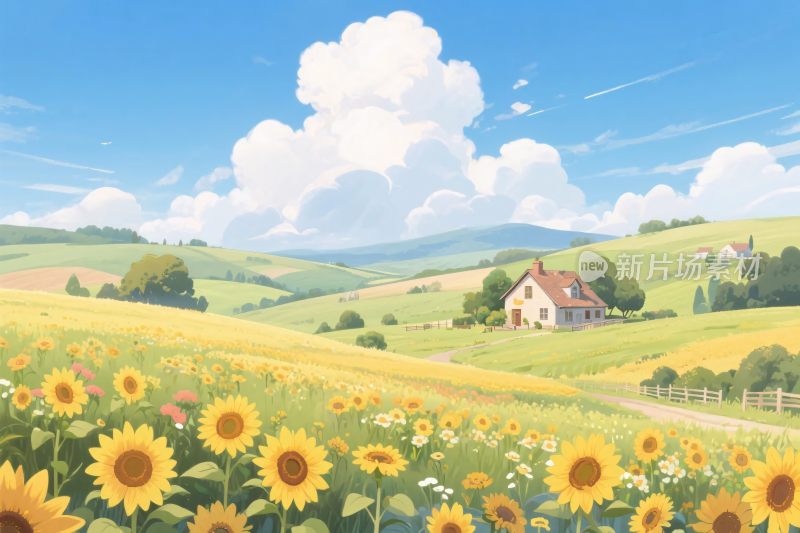 田园向日葵风景插画