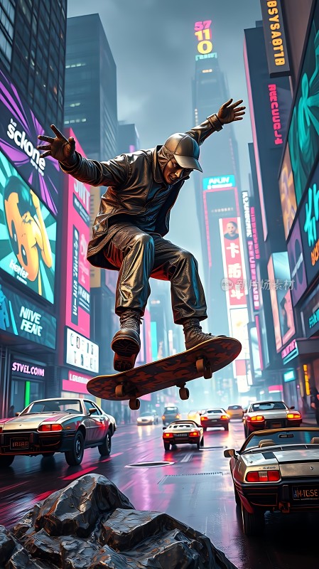 滑板少年飞跃城市街头
