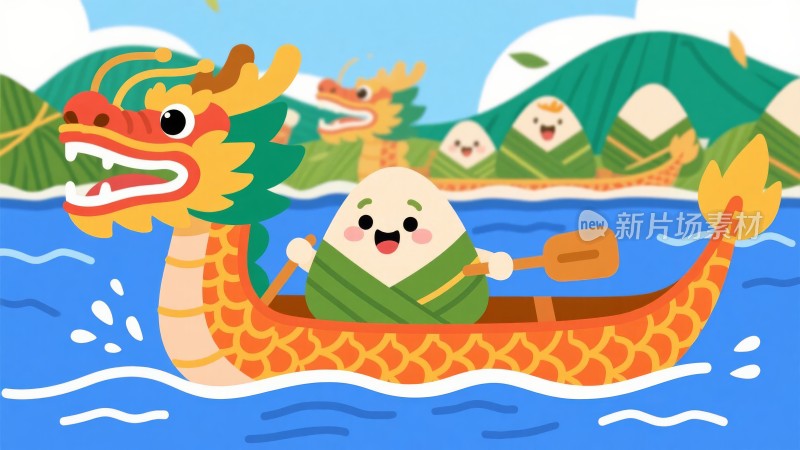 卡通Q版 传统节日端午节 粽子龙舟比赛