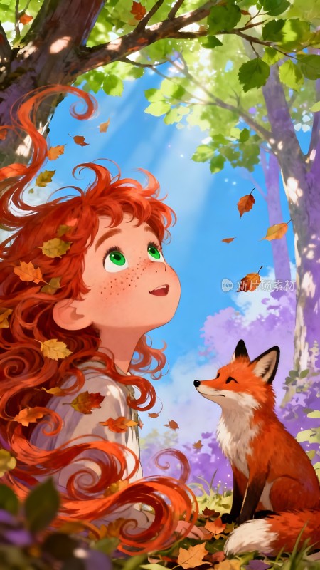 秋日森林里的红发女孩与狐狸