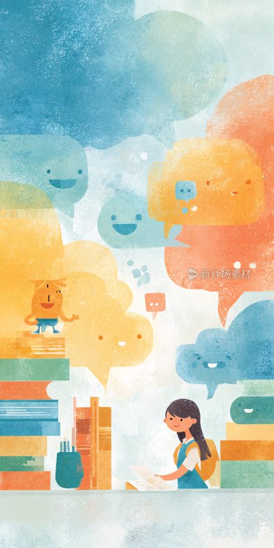 女孩与书籍及可爱气泡插画