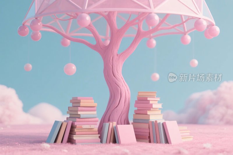 梦幻粉色树与书籍场景
