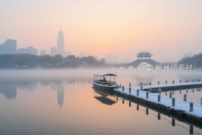 晨雾中的湖边古桥