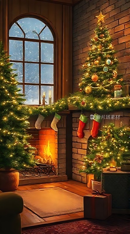 温馨圣诞夜壁炉旁的节日盛宴