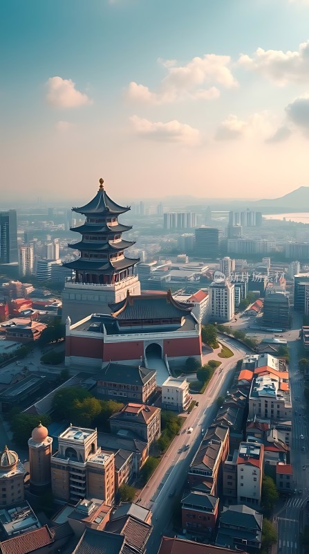 城市古塔映斜阳现代与古典交融