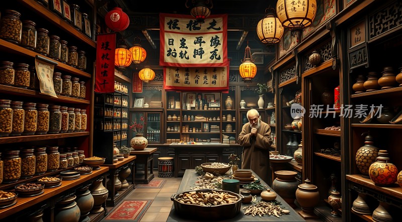 古色古香中药铺老中医在忙碌