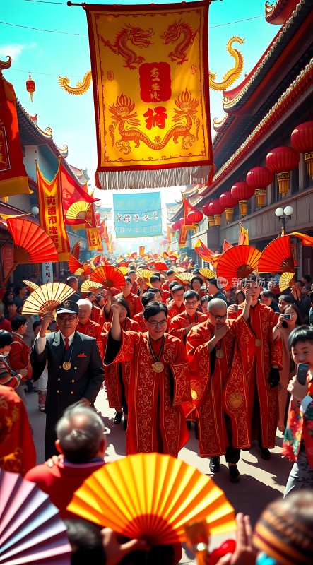 红色游行传统服饰与扇子节日气氛浓厚