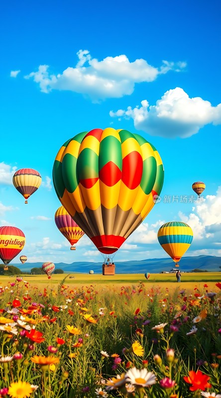 多彩热气球花海蓝天共舞