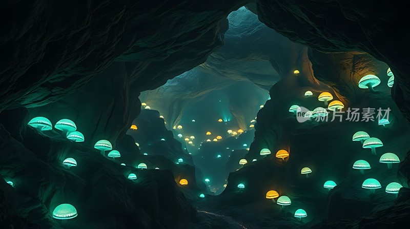神秘洞穴中的荧光蘑菇世界