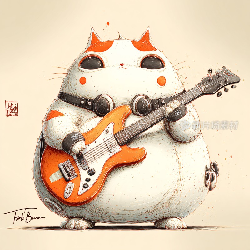 弹吉他的可爱猫咪插画
