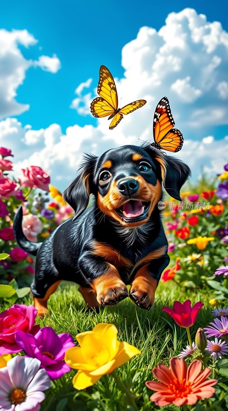 阳光下的快乐小狗与蝴蝶花海