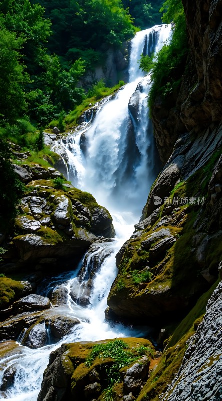 瀑布飞流直下绿意盎然自然美景令人陶醉
