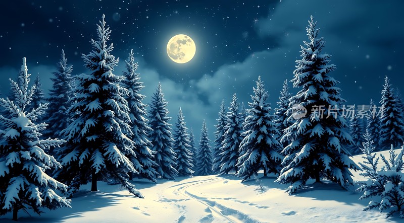 雪夜月下静谧森林