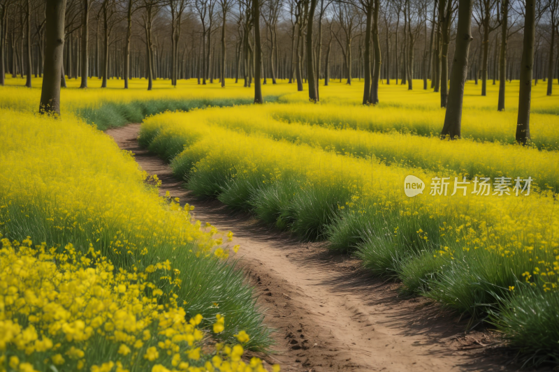 一条土路穿过一片黄色的花田高清风景图片