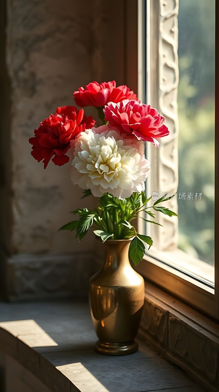 窗边红白相间花瓶插花