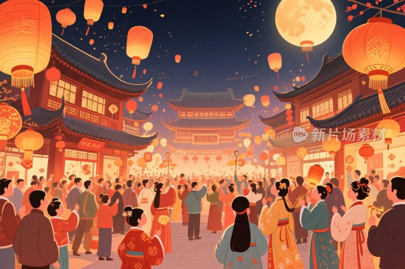 元宵节古街灯会插画