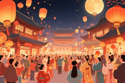 元宵节古街灯会插画 元宵节古街灯会插画