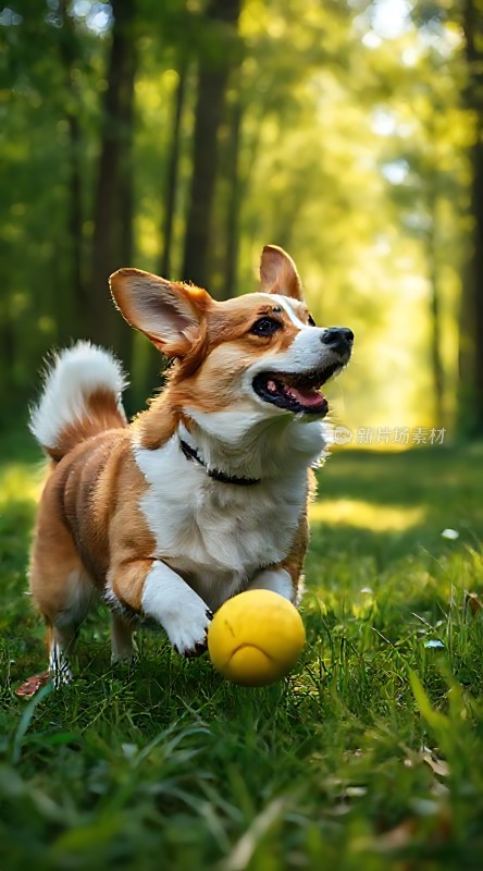 阳光下的柯基犬追逐黄色球